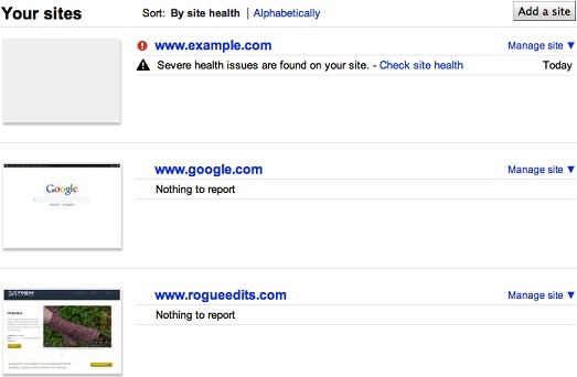 Google Webmaster Tools Homepage With Site Health