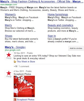 Macy's Search Results With Google+ Page