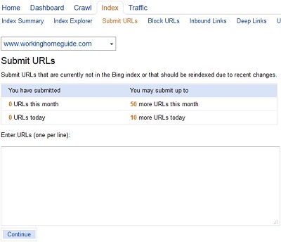 Bing Webmaster Tools Submit URLs