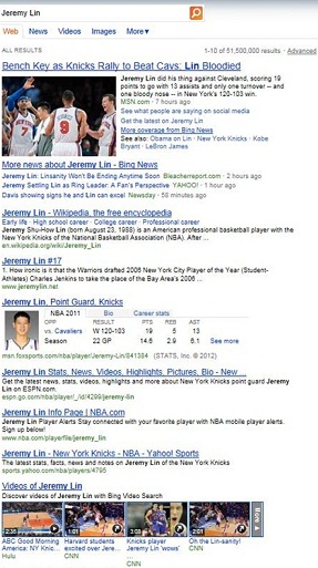 Bing Jeremy Lin Results Page