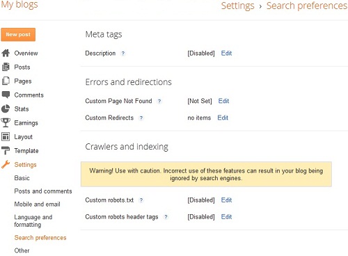 Blogger Search preferences Page