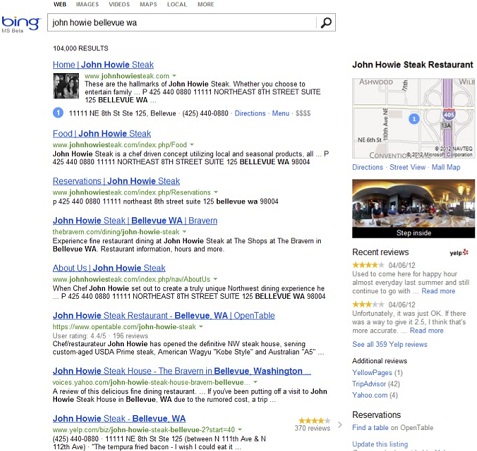 Bing Search Results With Yelp