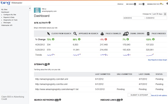 Bing Webmaster Tools Dashboard