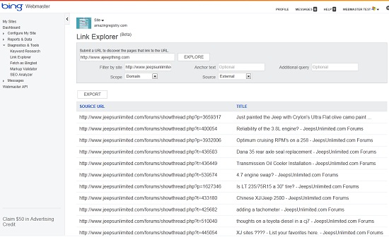 Bing Webmaster Tools Link Explorer