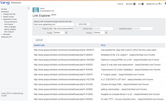 Bing Webmaster Tools Link Explorer