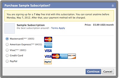 Facebook Subscription Payment Box